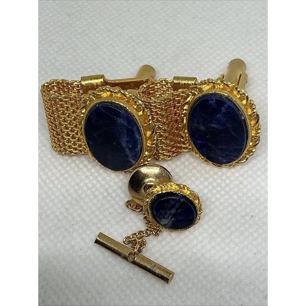 Vintage Retro Gold Tone Blue Stone Oval Mesh Wrap Around Cufflinks With Tie Tack
